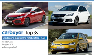Carbuyer Top 3 used economical petrol hatchbacks for £17,500: Honda Civic, Peugeot 308, VW Golf