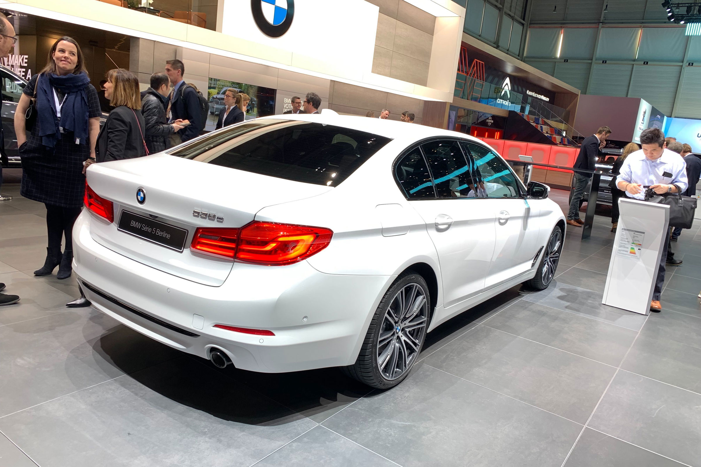 BMW 530e rear static at the 2019 Geneva Motor Show