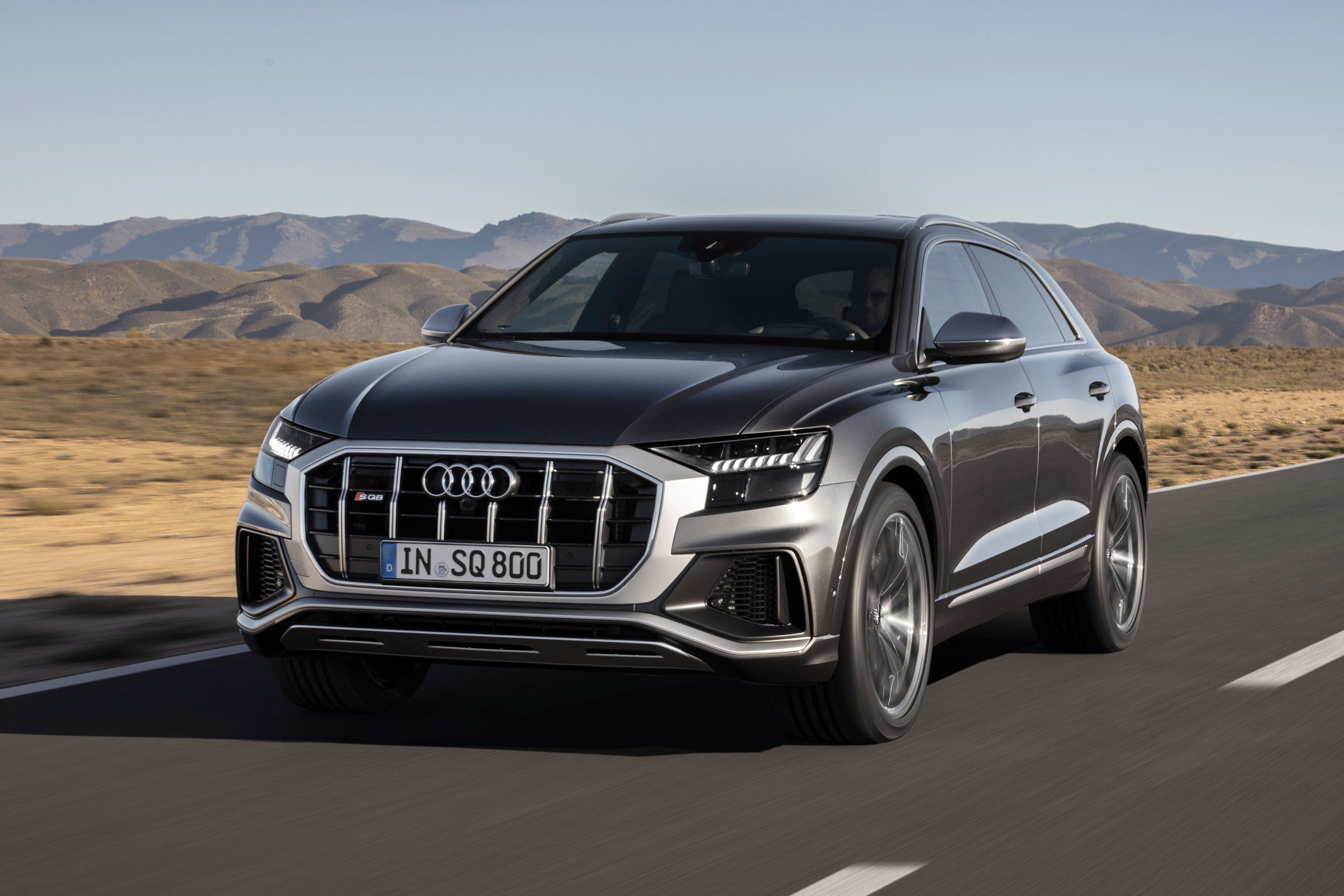 Audi SQ8 SUV front 3/4 tracking