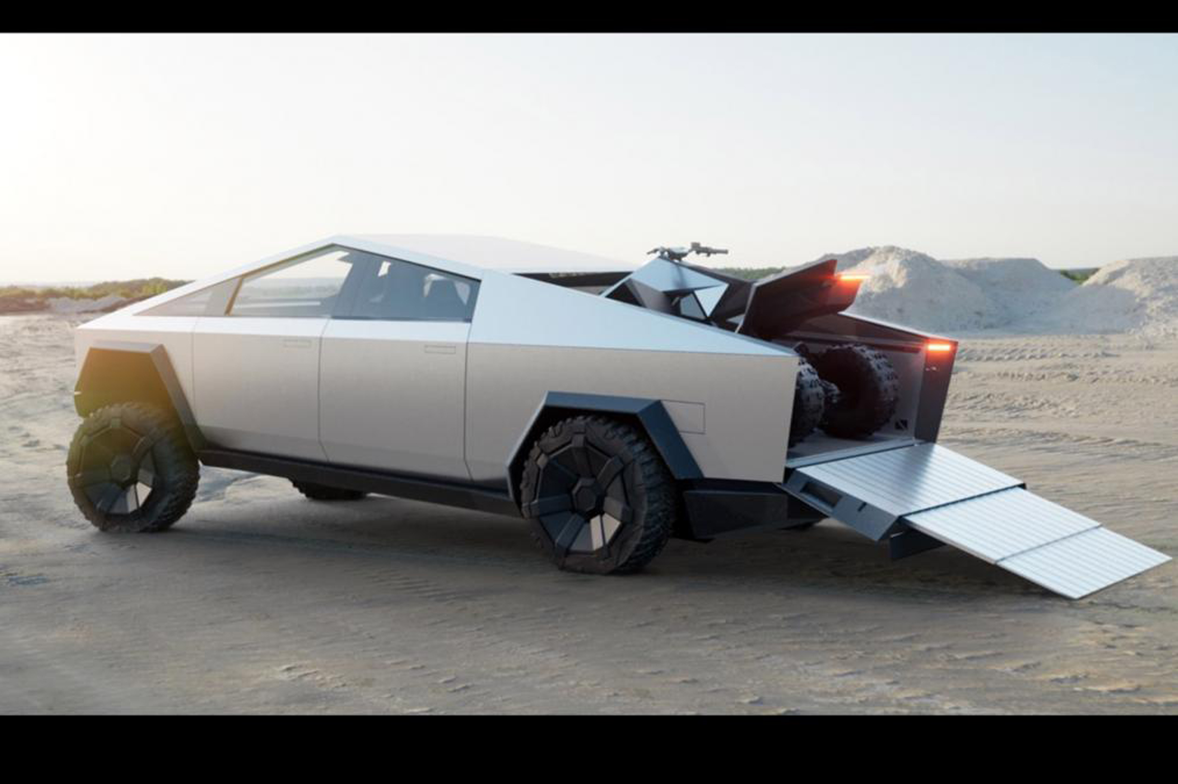 Tesla Cybertruck - rear 3/4 view with ATV loading