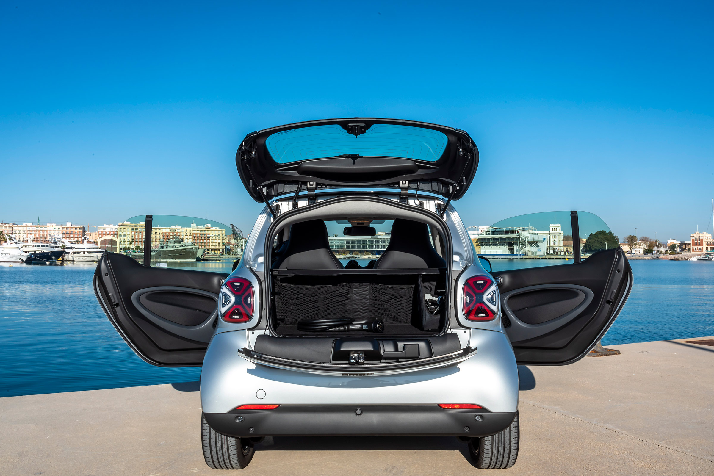 Smart EQ ForTwo hatchback boot and doors open