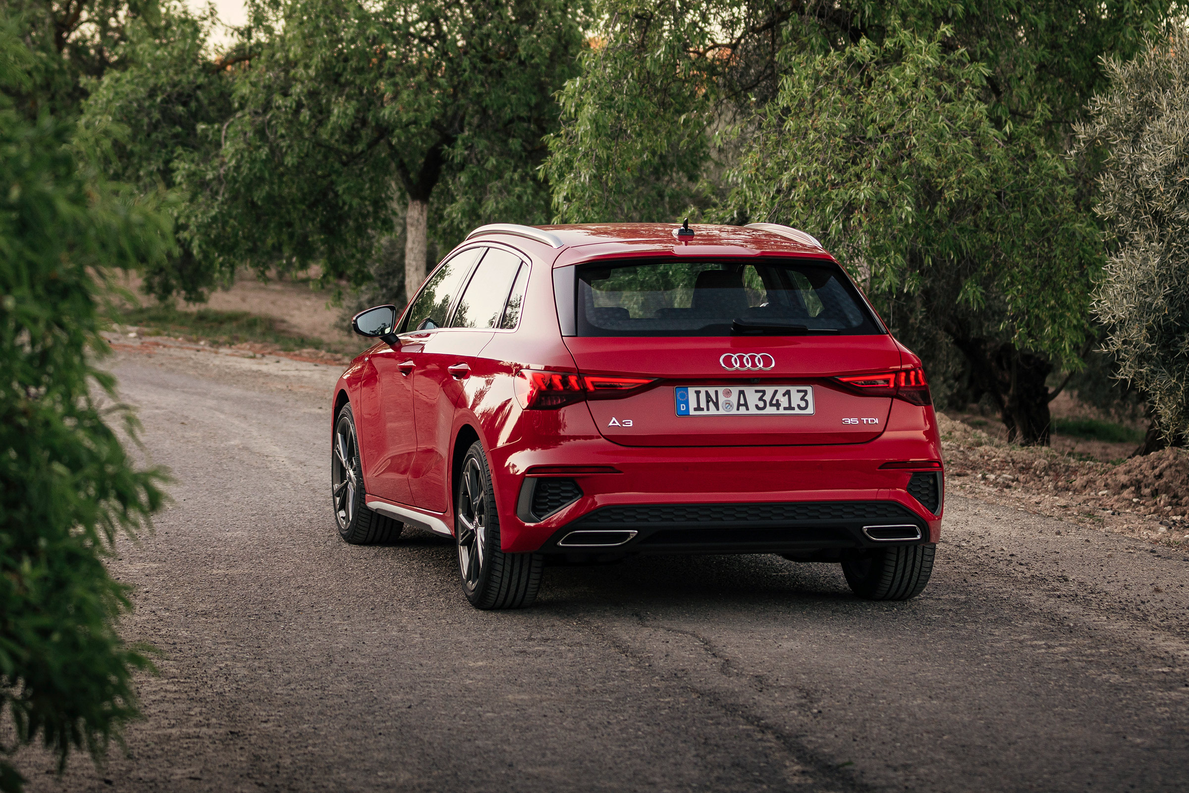 Audi A3 Sportback rear 3/4 country lane
