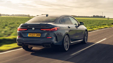 BMW M235i Gran Coupe saloon rear 3/4 tracking
