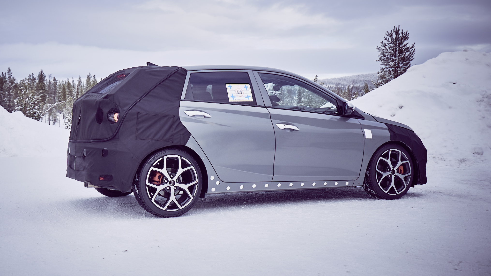 2020 Hyundai i20 N prototype - rear quarter view during winter testing