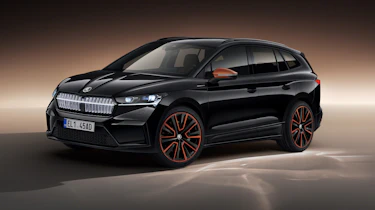 2021 Skoda Enyaq iV - front 3/4 static black/orange