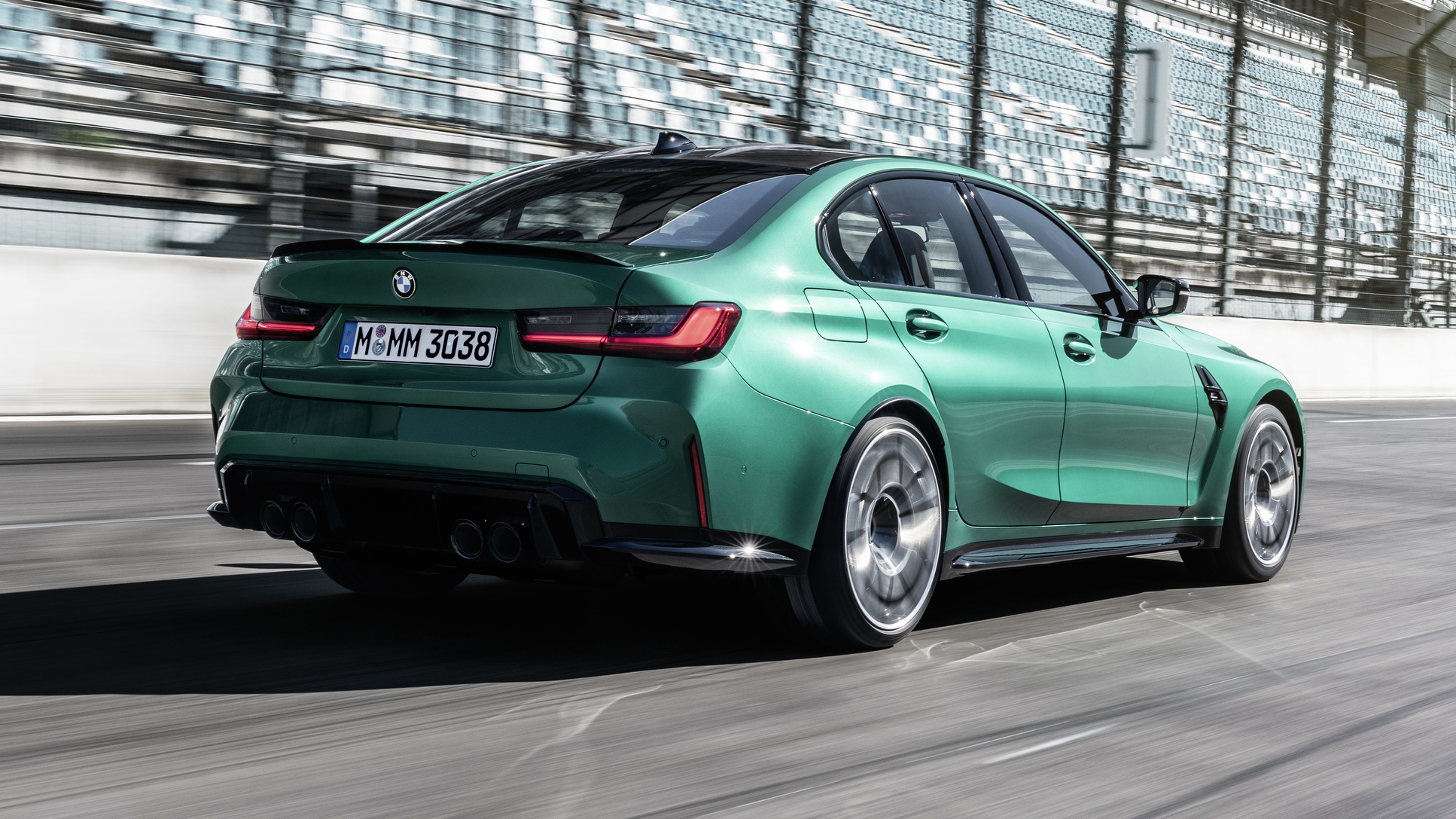 2021 BMW M3 Competition saloon - rear 3/4 view dynamic