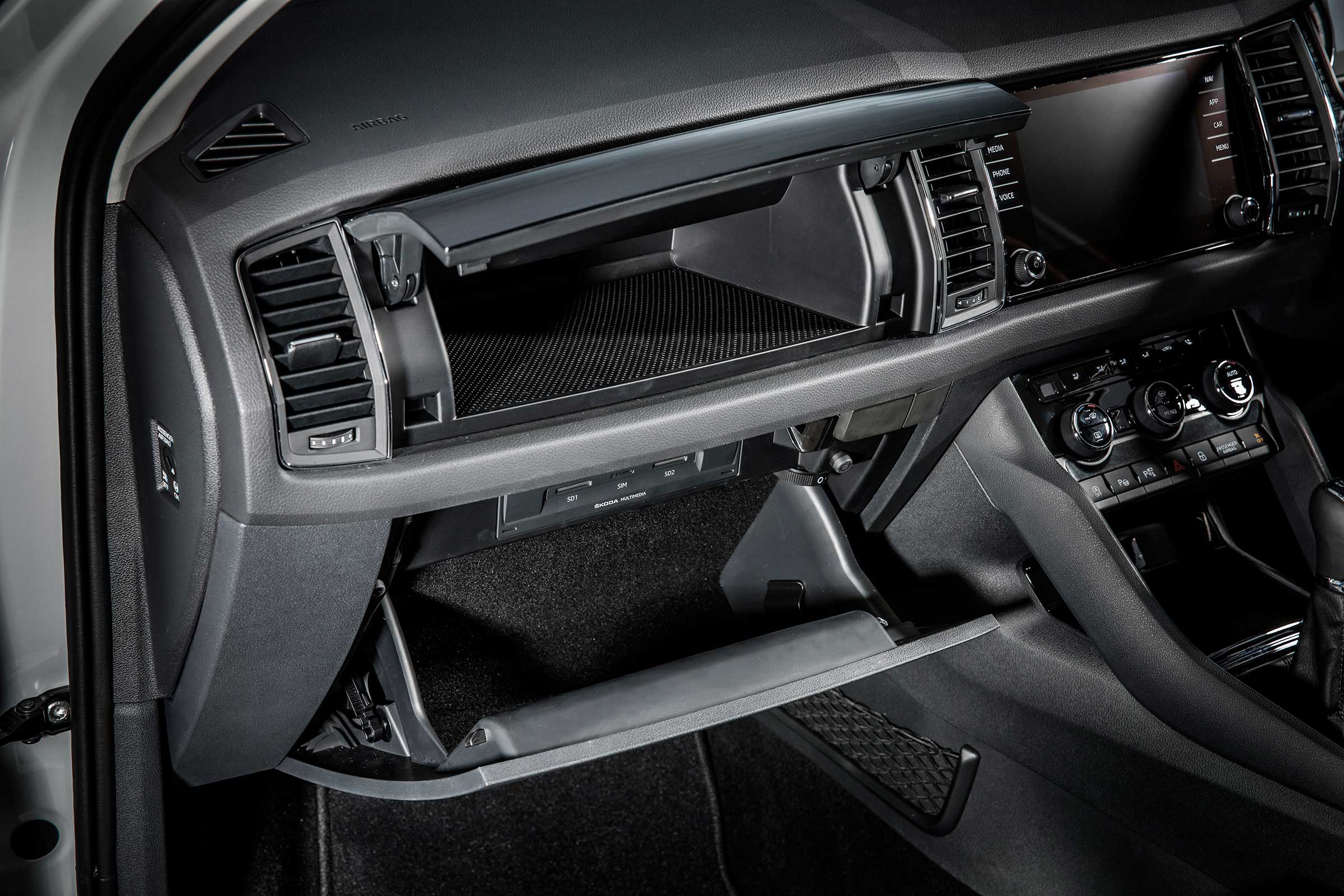 The Skoda Kodiaq's split-level glovebox is just one of the clever interior storage spaces